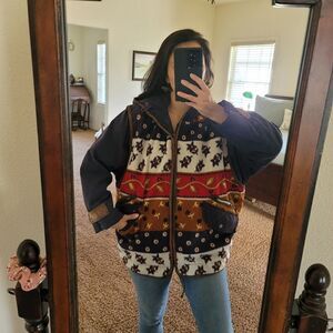 East West large floral southwestern vintage chunky jacket hoodie navy cream moun